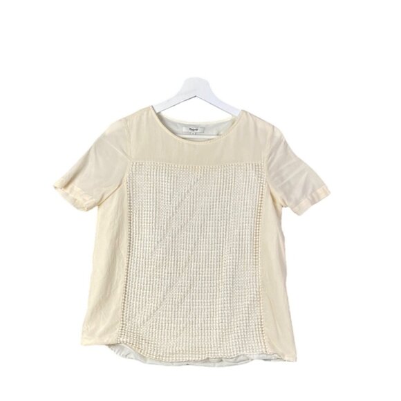 MADEWELL Meshknot Silk Cotton Blouse Womens SZ S Cream Short Sleeve Knit Crochet - Picture 1 of 7